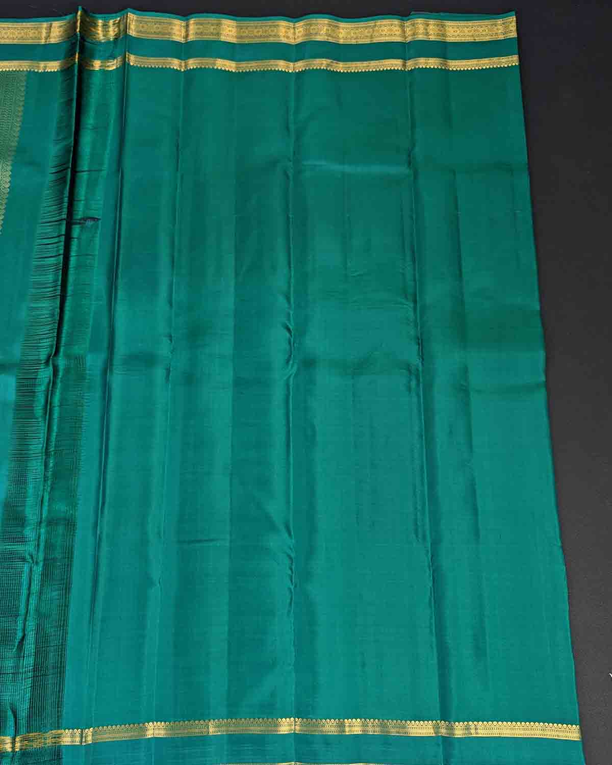 Pink Kancheepuram Silk Saree with Green Lineated Border & Leaf-Shaped Motifs