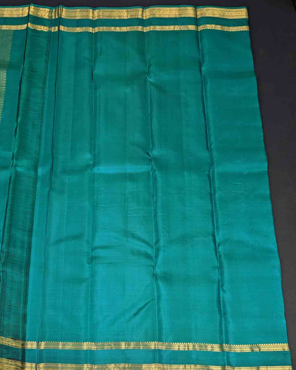 Blue Traditionally Kancheepuram Silk Sarees With Paisley Buttas And Ornate Pallu Green Border