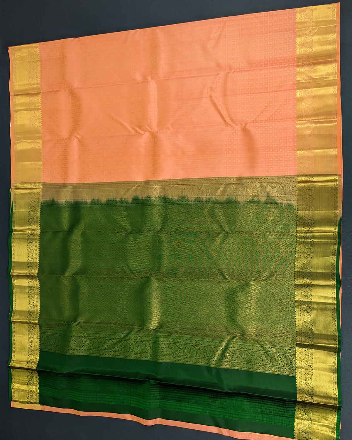 Pastel Peach Traditional Saree with Dark Green Decorated Pallu