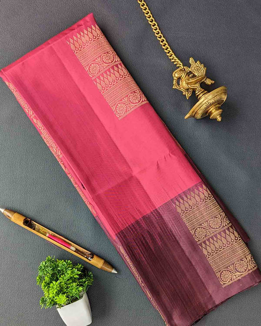 Pink Kanchipuram Silk Saree with square motifs & shiny pallu