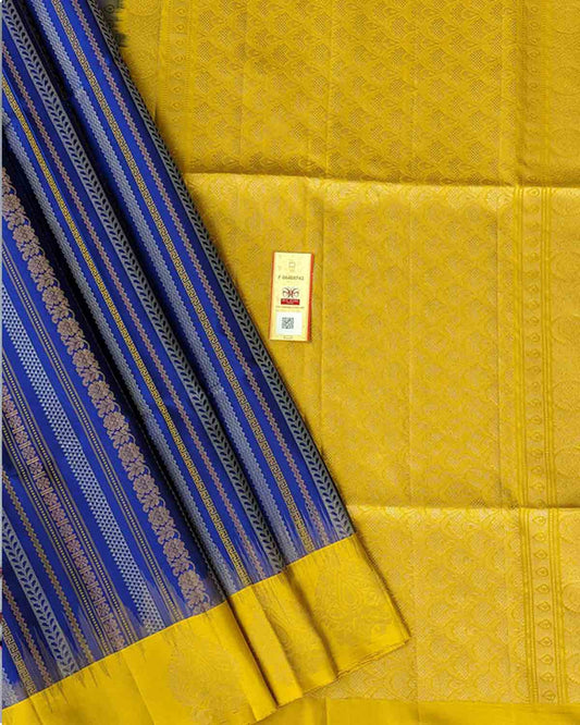 Blue Kanchipuram Soft Silk Saree with intricate details and a vibrant yellow border