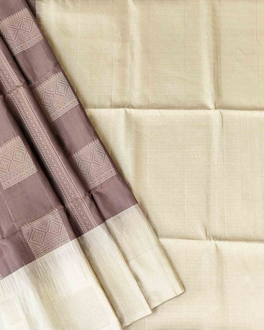 Pastel Brown Kanchipuram Soft Silk Sarees With Detailed Square Buttas