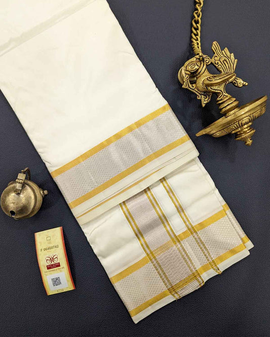 Mens Double Dhoti Ivory with Gold and Silver Jari in Kanchi Silk