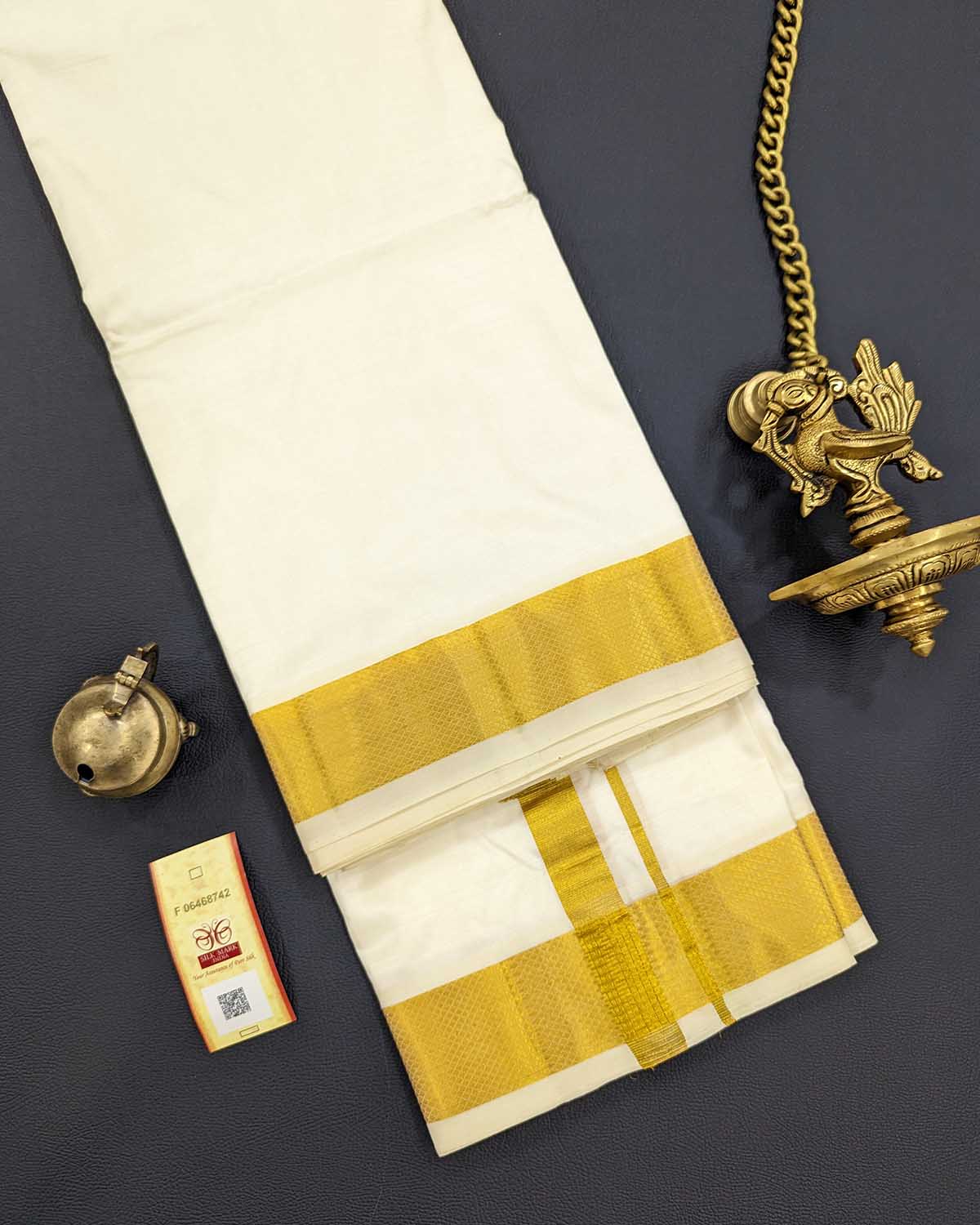 Mens Pure Kanchi Silk Ivory Panchakacham with Royal Gold Thick Jari