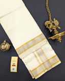 Mens Double Dhoti Cream with Gold and Silver Jari in Kanchipuram Silk