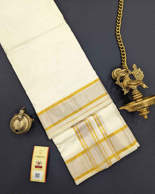 Mens Double Dhoti with Gold and Silver Borders in Kanchipuram Silk