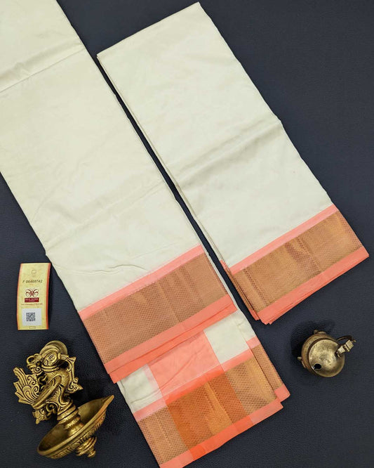 Mens Double Dhoti with Coral and 1 gram Gold Zari in Pure Kanchi Silk