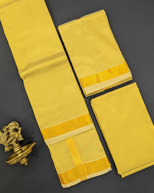 Mens Art Silk Dhoti and Angawastram Royal Golden Color with Gold Jari